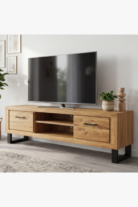 Hosszú tölgyfa TV komód fém lábakkal, 2 ajtós tárolóval